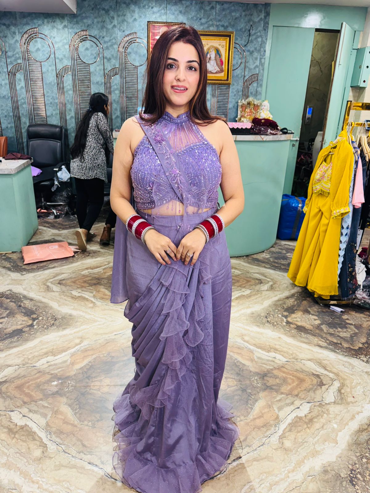 Lilac Luxe Ruffle Pre-Draped Saree Set