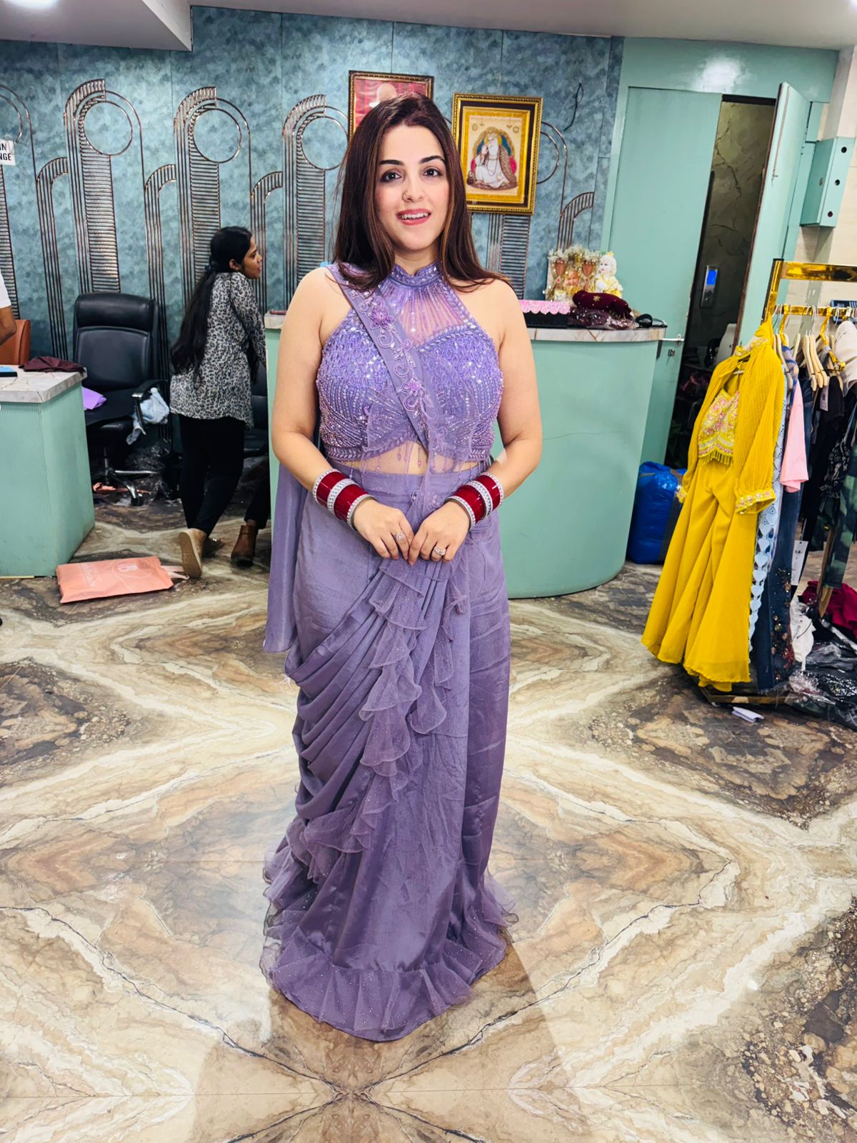 Lilac Luxe Ruffle Pre-Draped Saree Set
