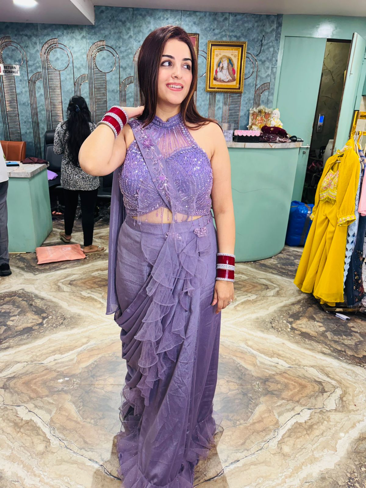 Lilac Luxe Ruffle Pre-Draped Saree Set