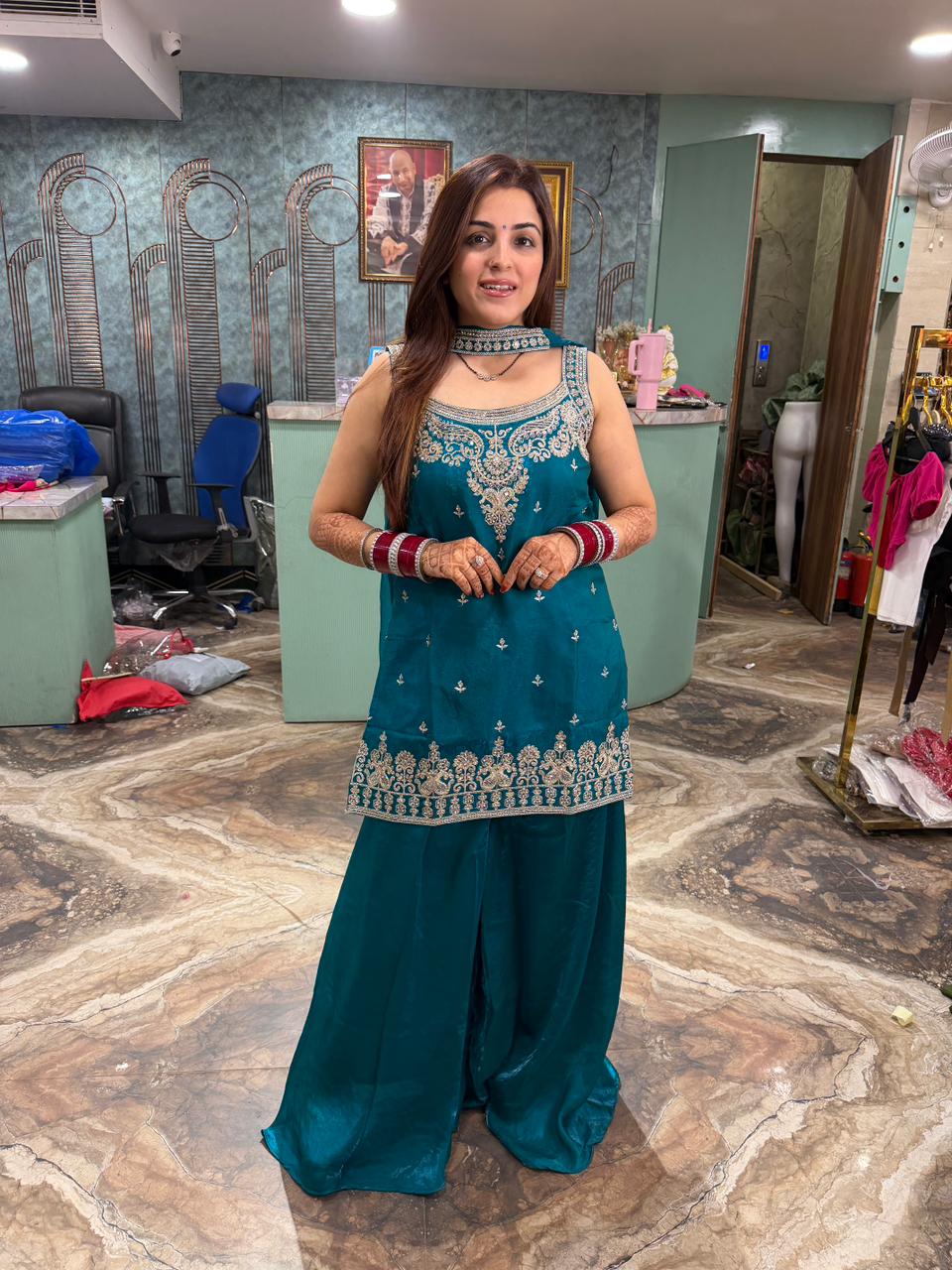 Red Embroidered Palazzo Suit Set