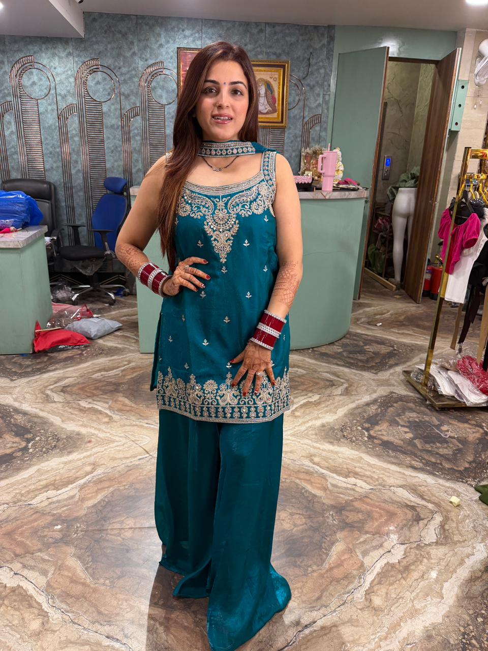 Red Embroidered Palazzo Suit Set