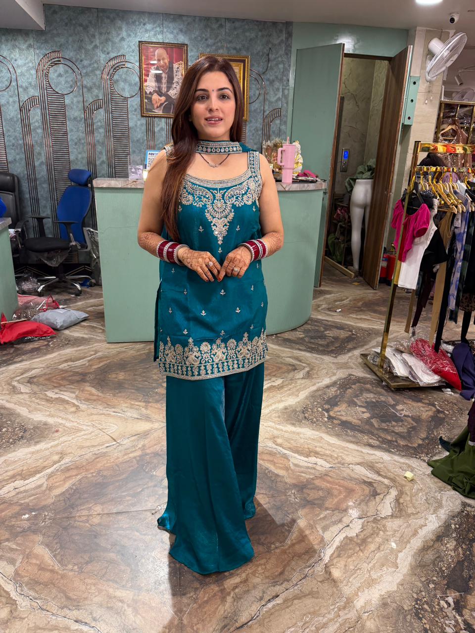 Red Embroidered Palazzo Suit Set