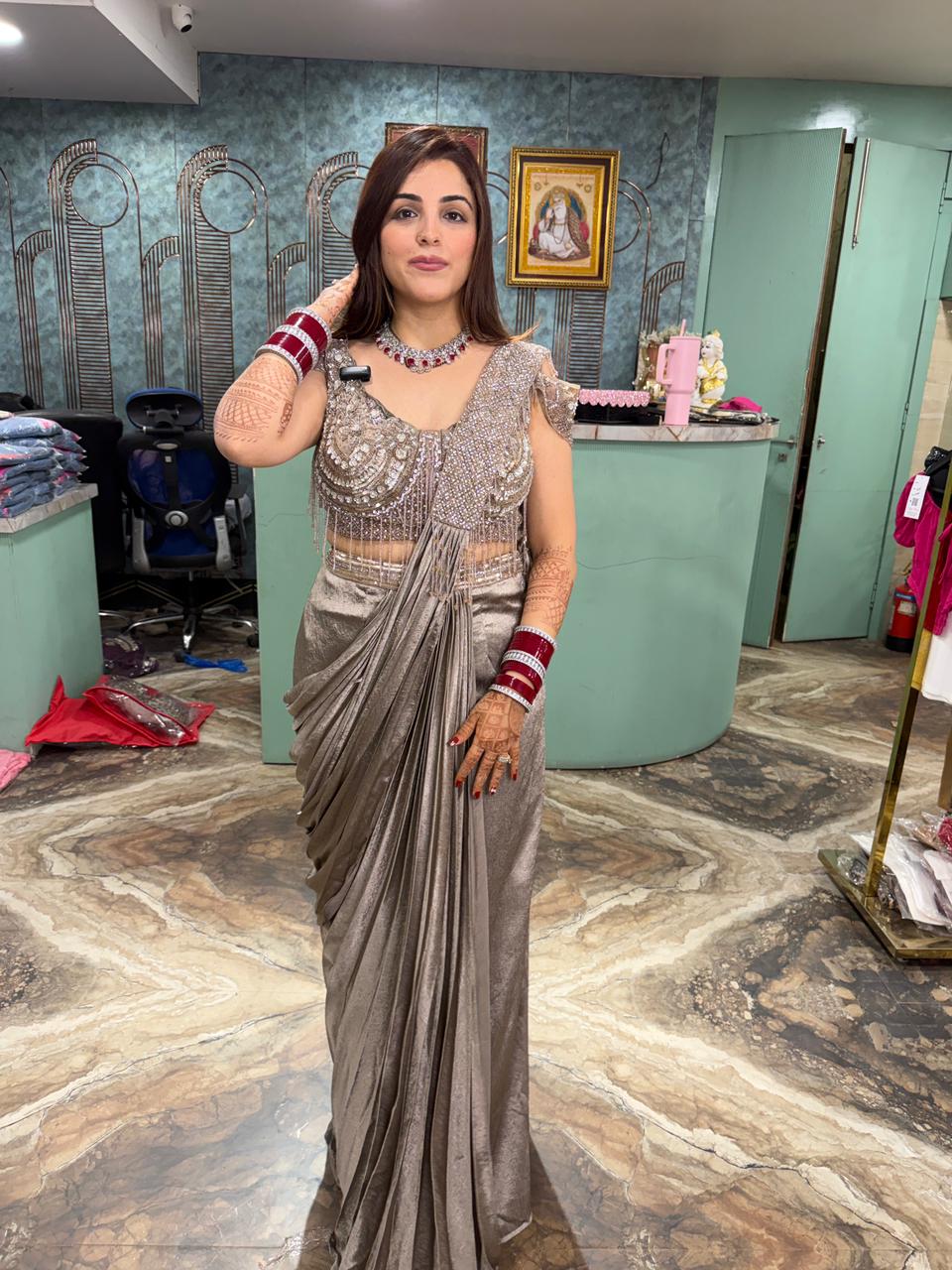 Pre-draped Saree with Embellished Blouse