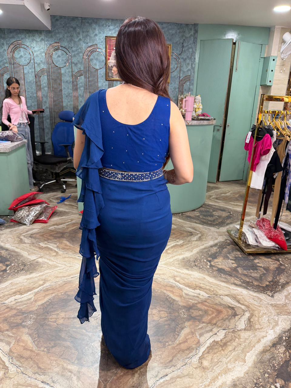 Blue sequins work draped saree