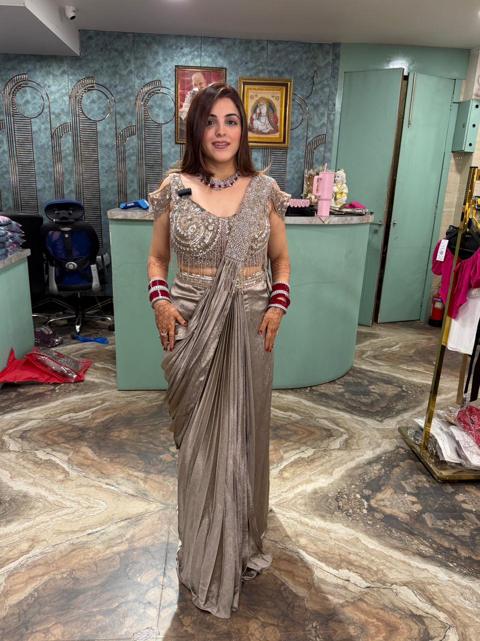 Pre-draped Saree with Embellished Blouse