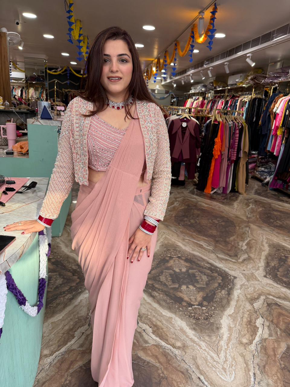 Pre draped saree with jacket