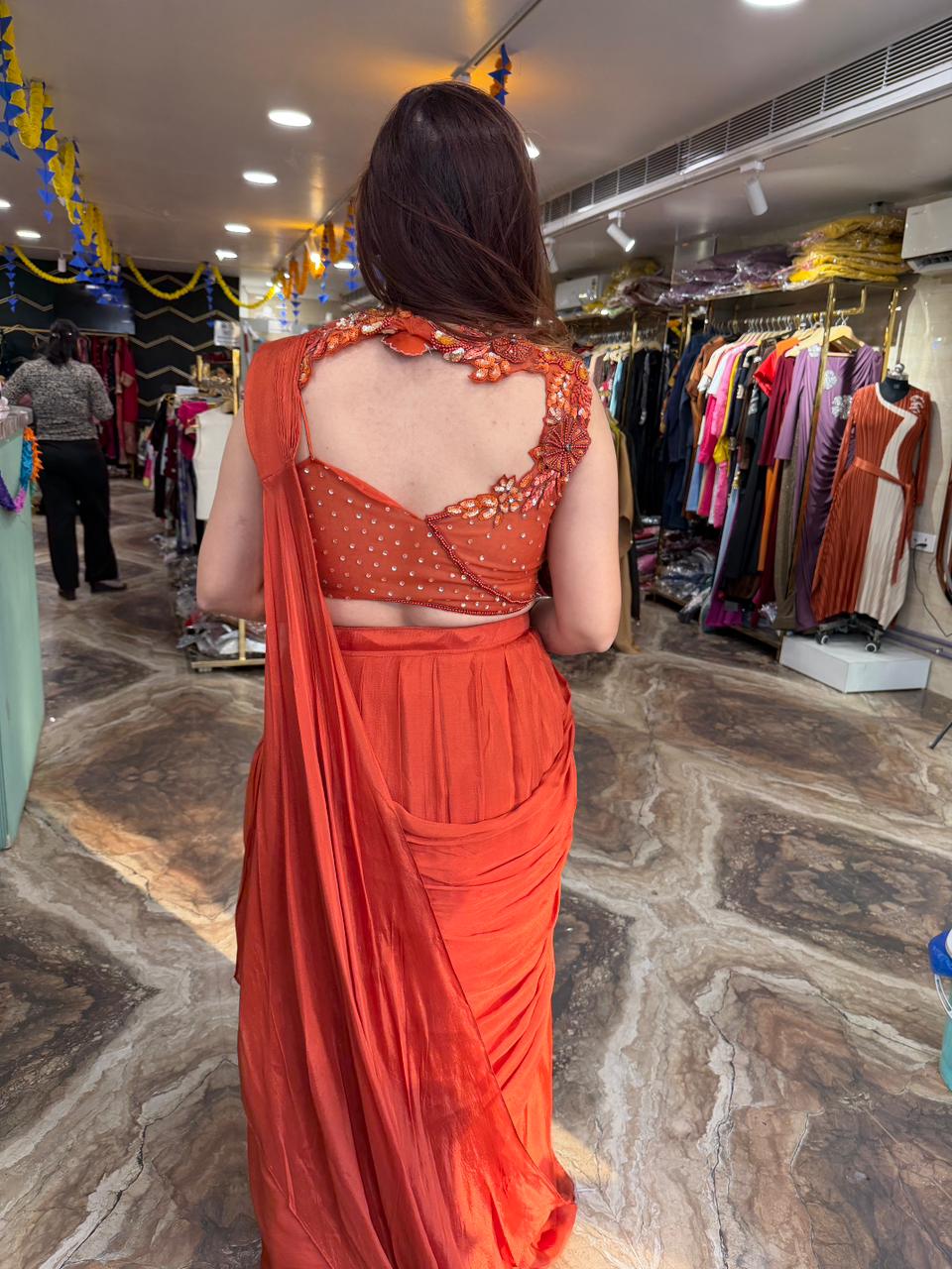 Rust Crape Girlies look Drape saree