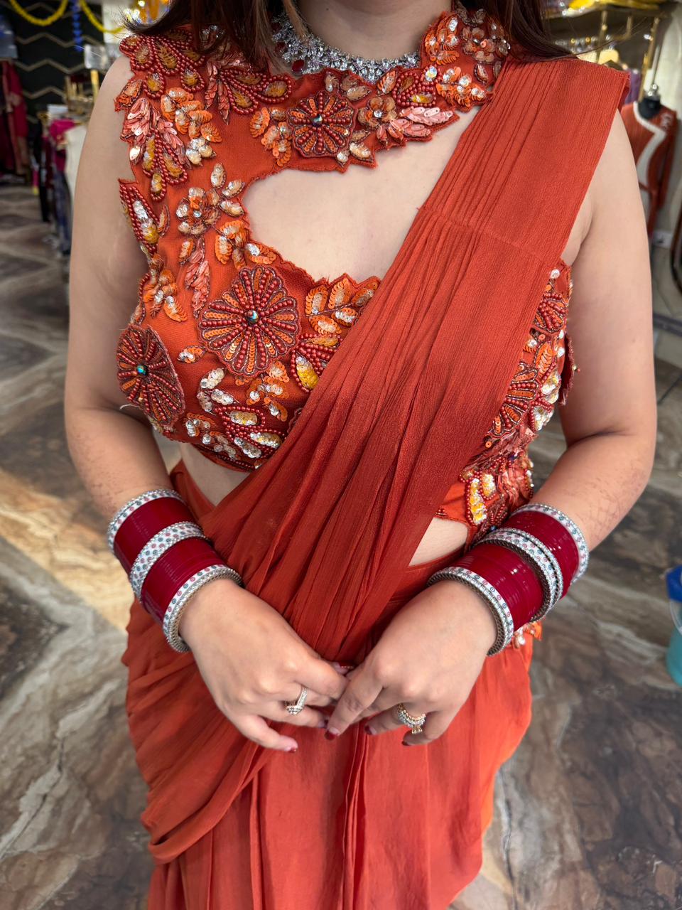 Rust Crape Girlies look Drape saree