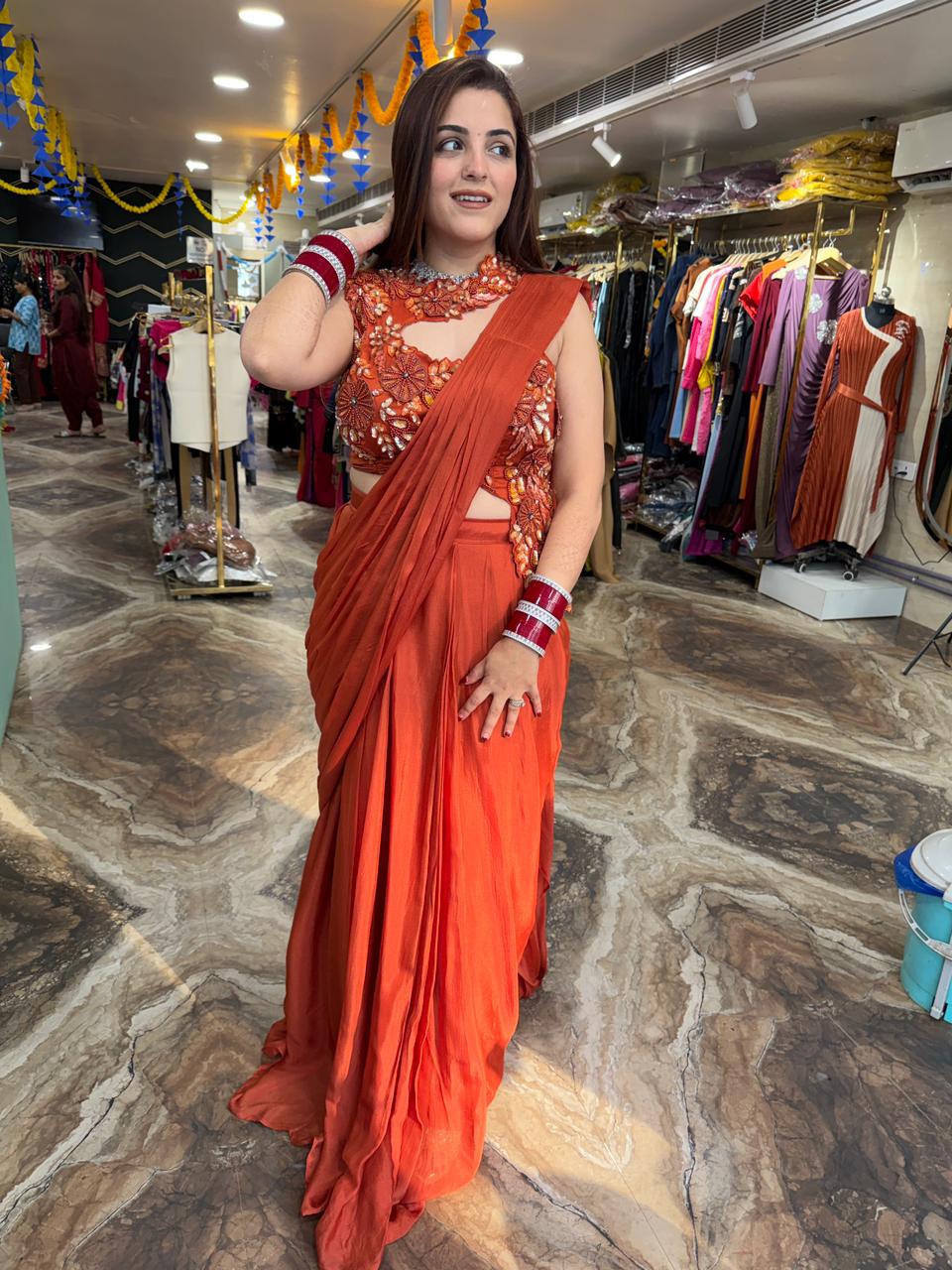 Rust Crape Girlies look Drape saree