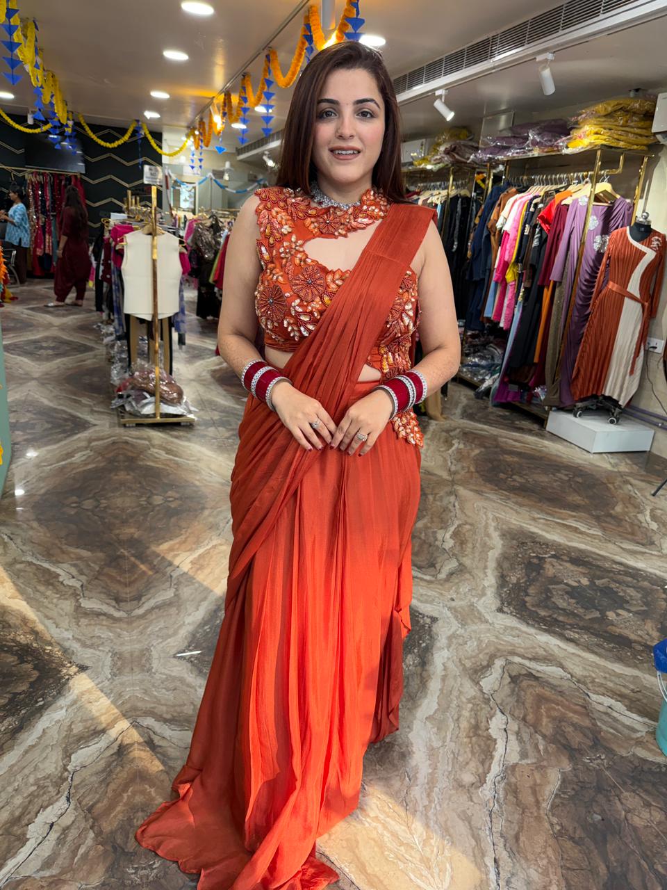 Rust Crape Girlies look Drape saree