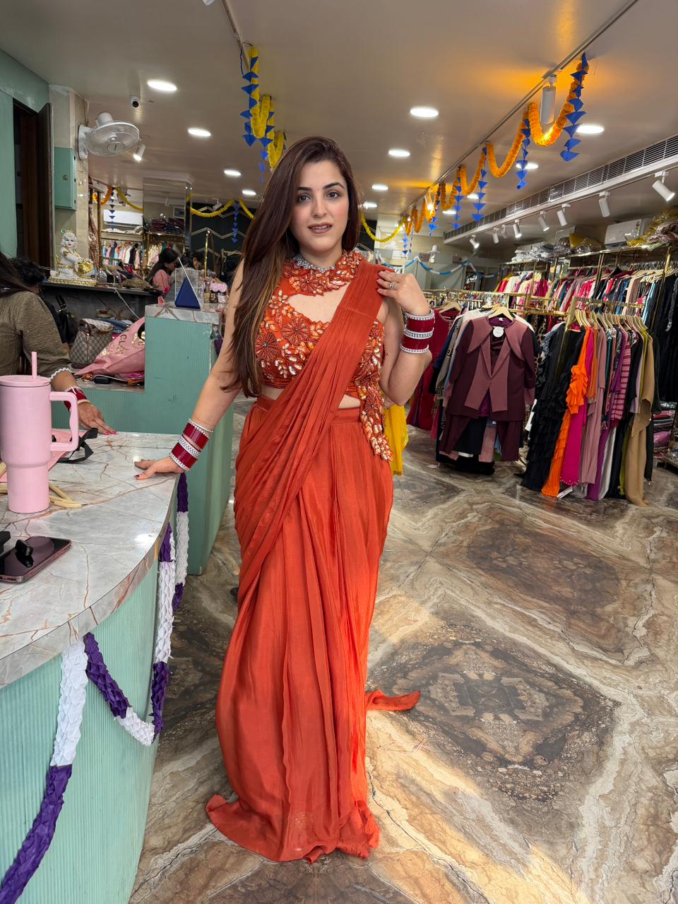 Rust Crape Girlies look Drape saree