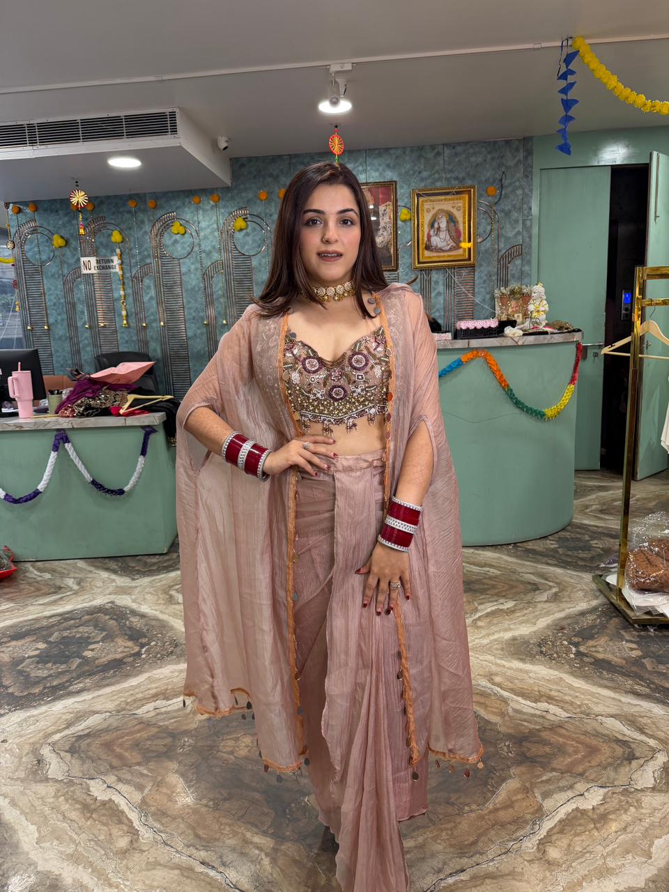 Designer Draped Skirt heavy Blouse & Shrug