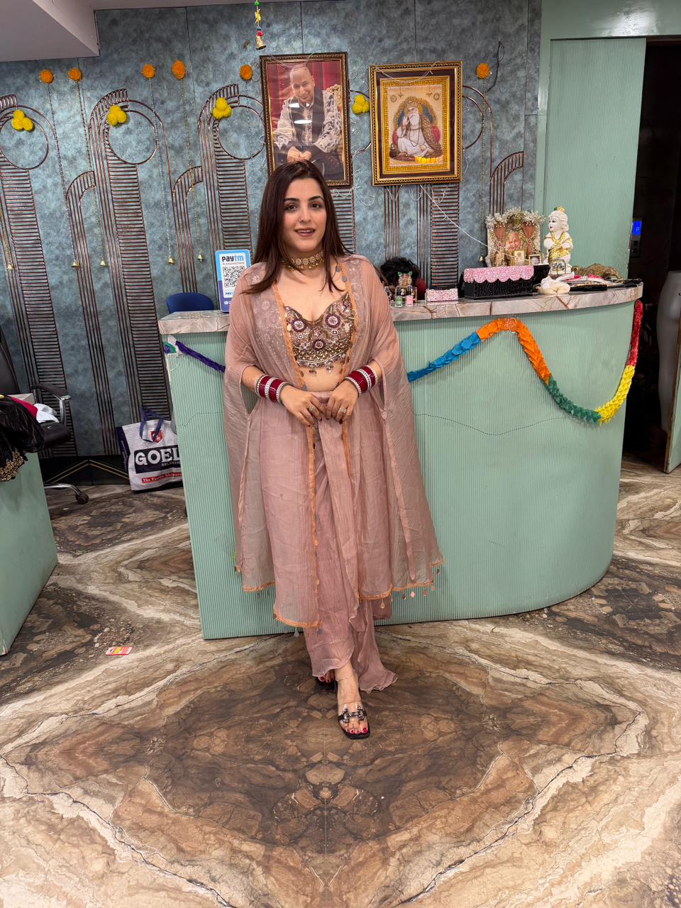 Designer Draped Skirt heavy Blouse & Shrug