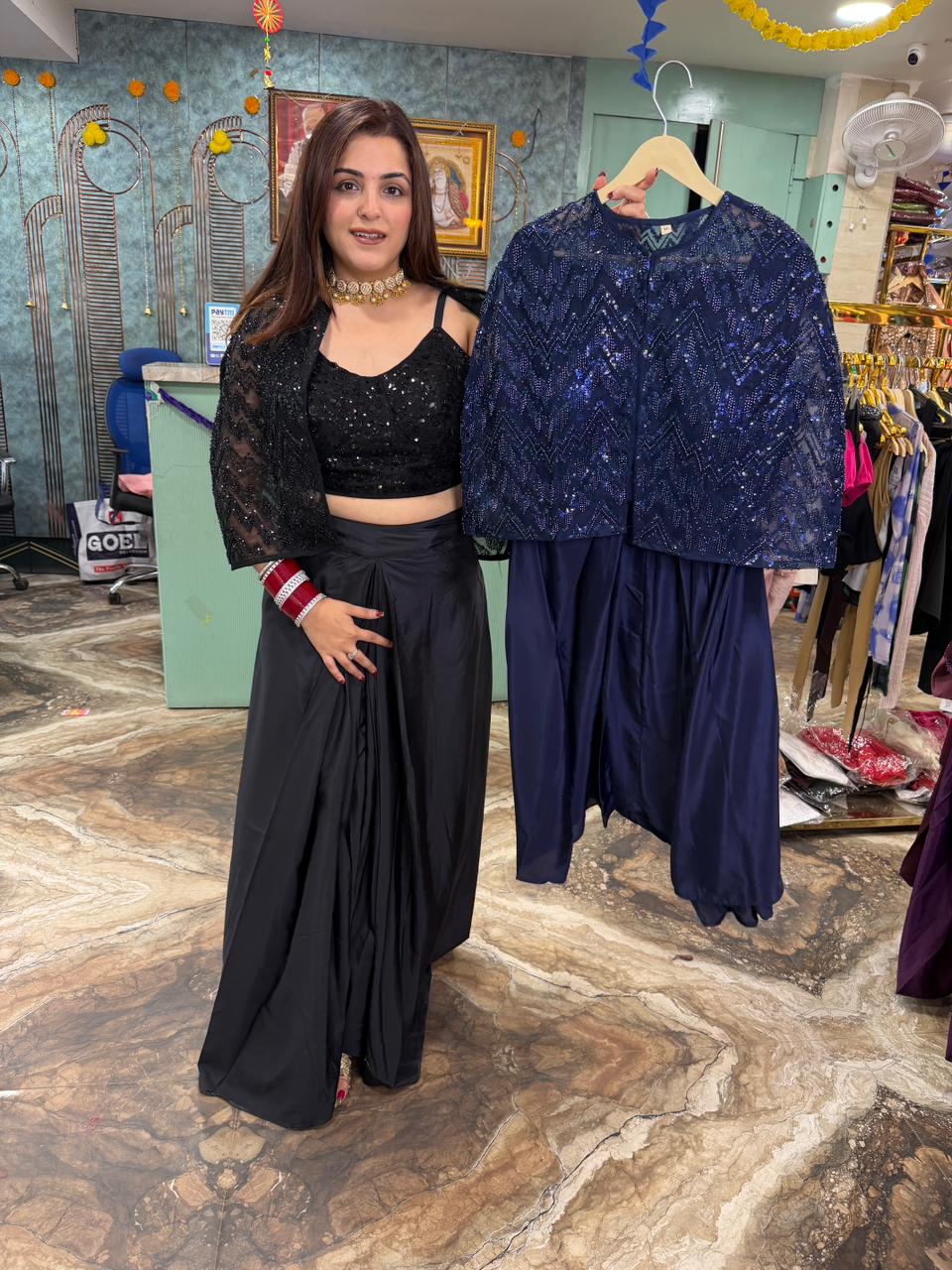 Dhoti Skirt with Sequined Blouse and Shrug