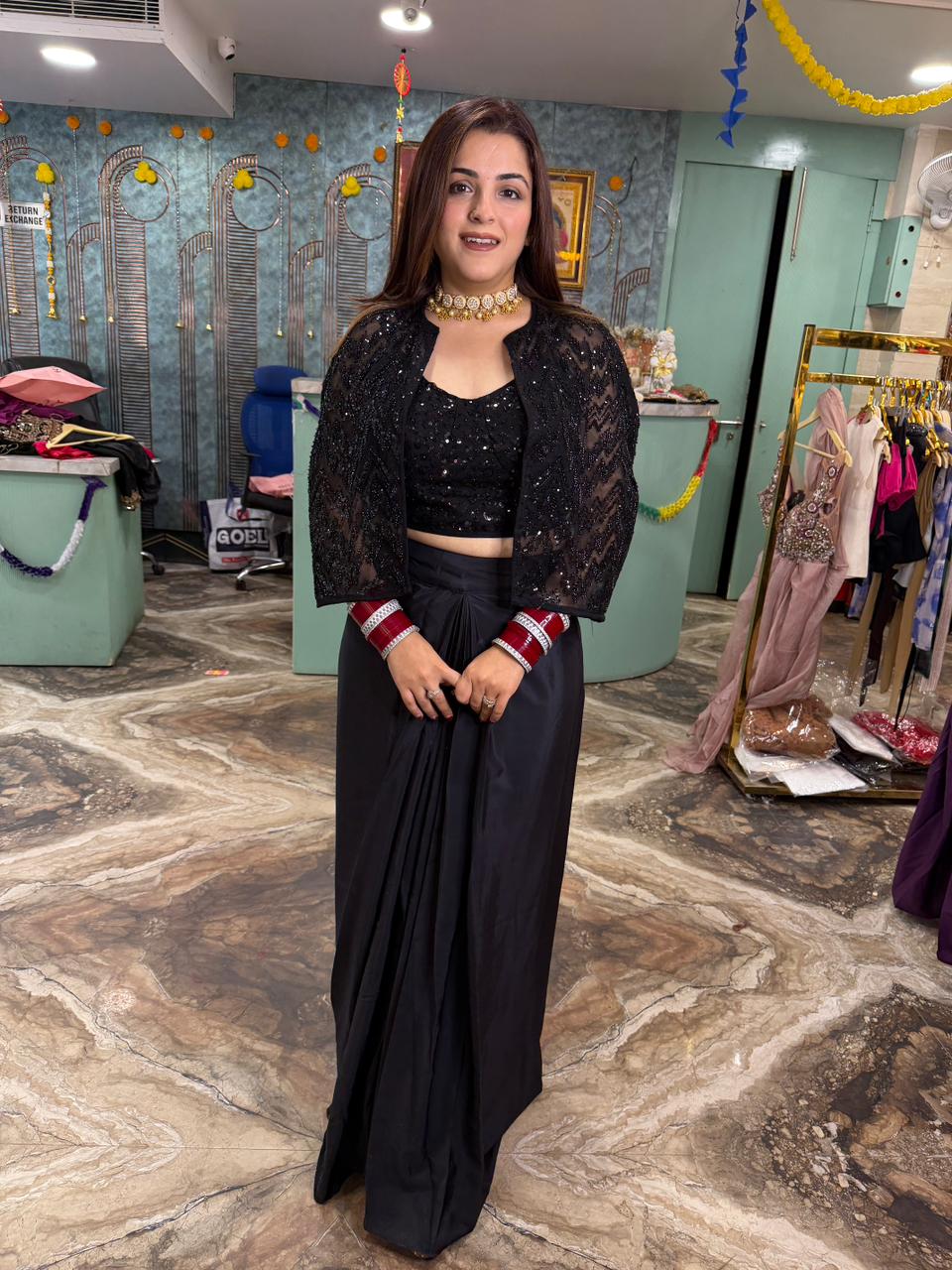 Dhoti Skirt with Sequined Blouse and Shrug