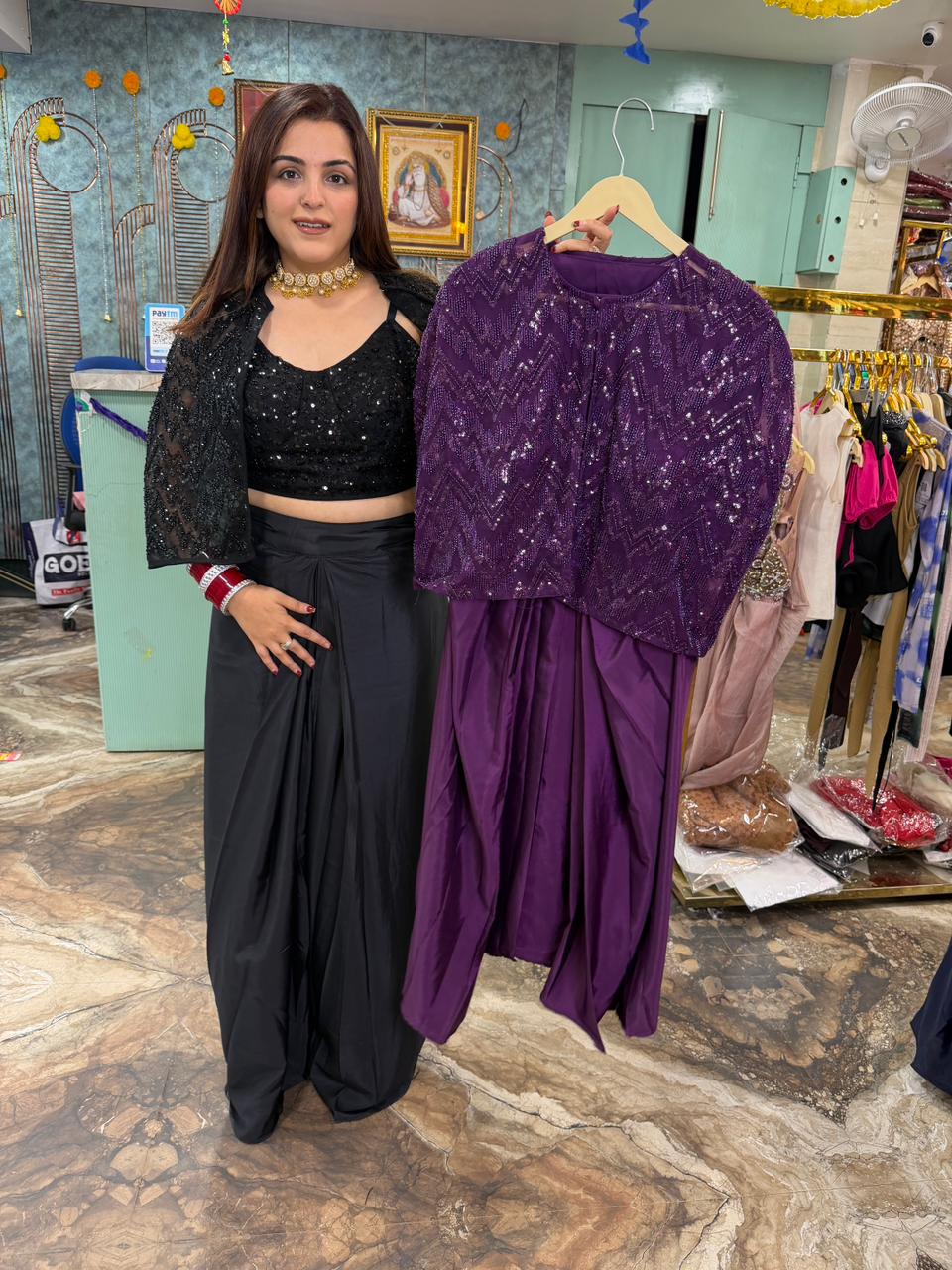 Dhoti Skirt with Sequined Blouse and Shrug