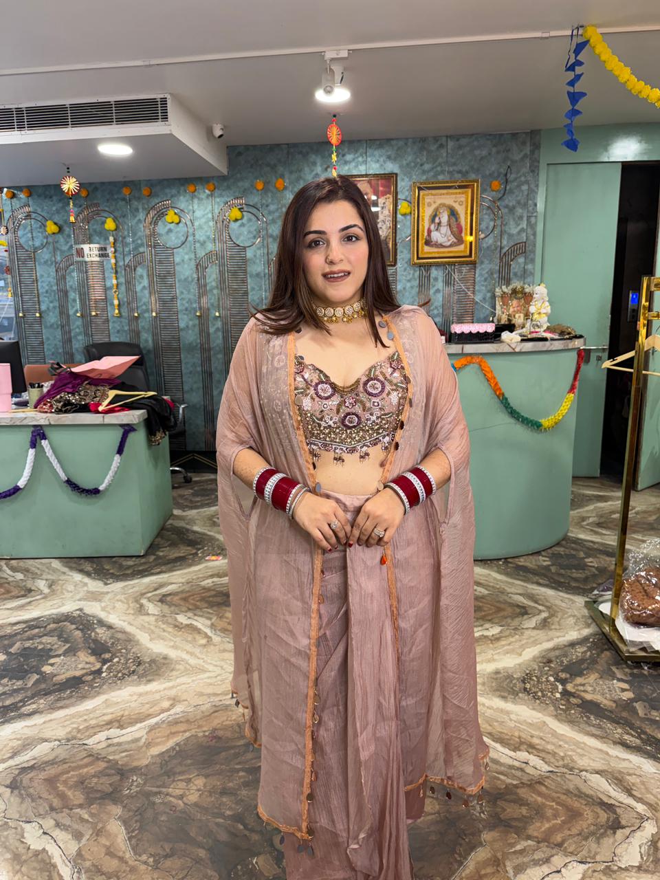 Designer Draped Skirt heavy Blouse & Shrug