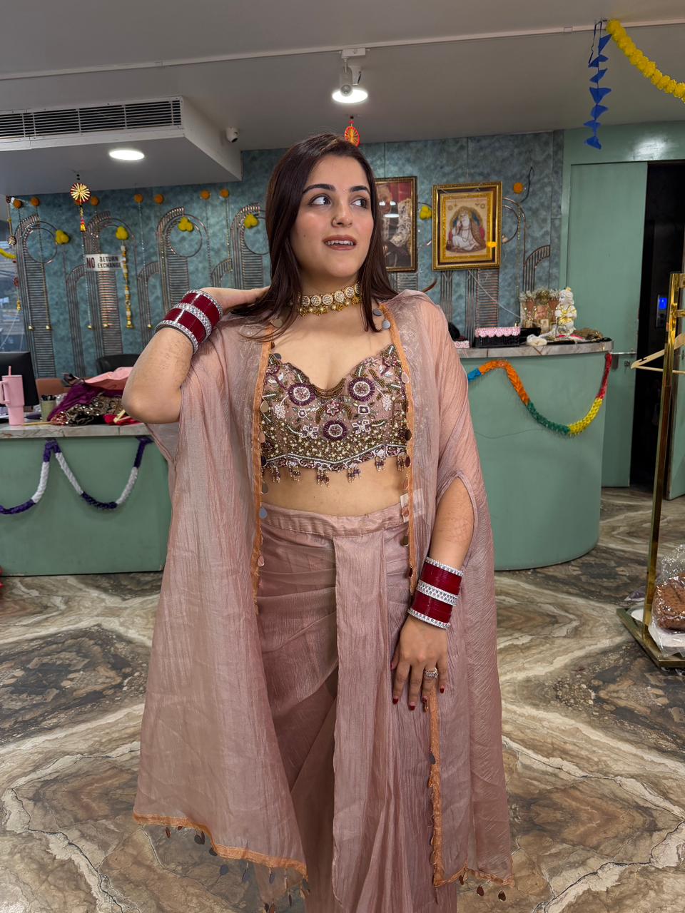 Designer Draped Skirt heavy Blouse & Shrug