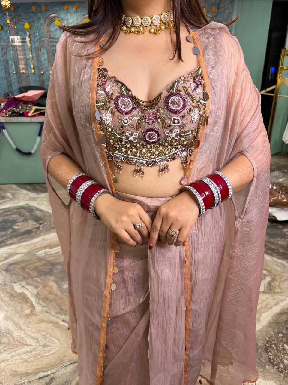 Designer Draped Skirt heavy Blouse & Shrug