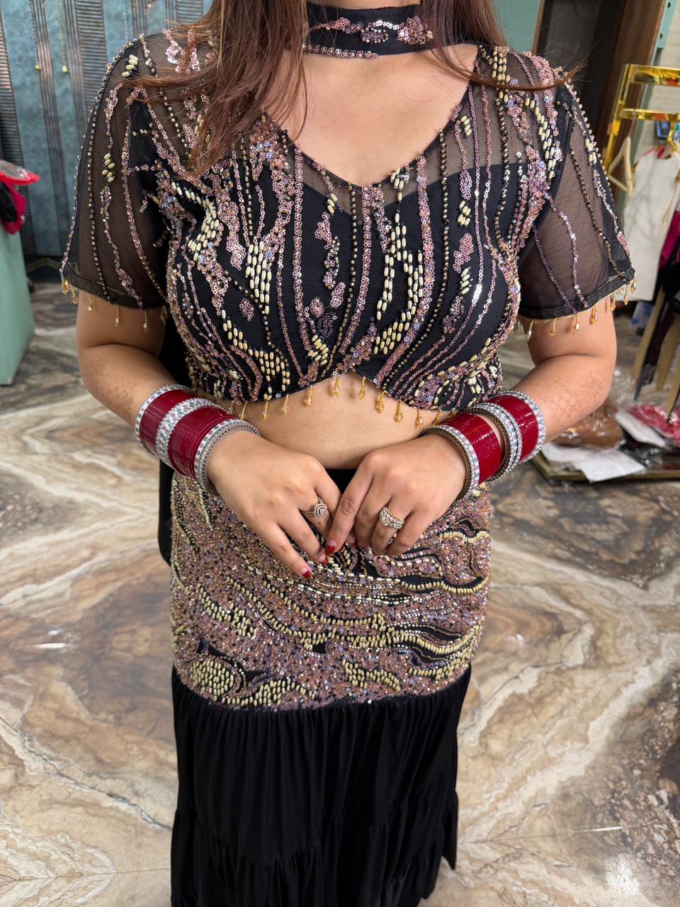 Beaded blouse top and skirt set