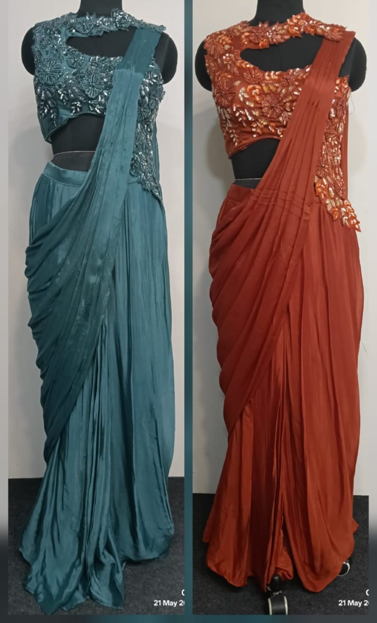 Rust Crape Girlies look Drape saree