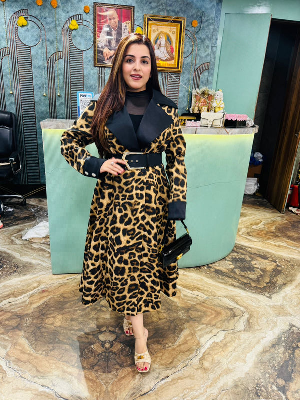 leopard print coat with black belt