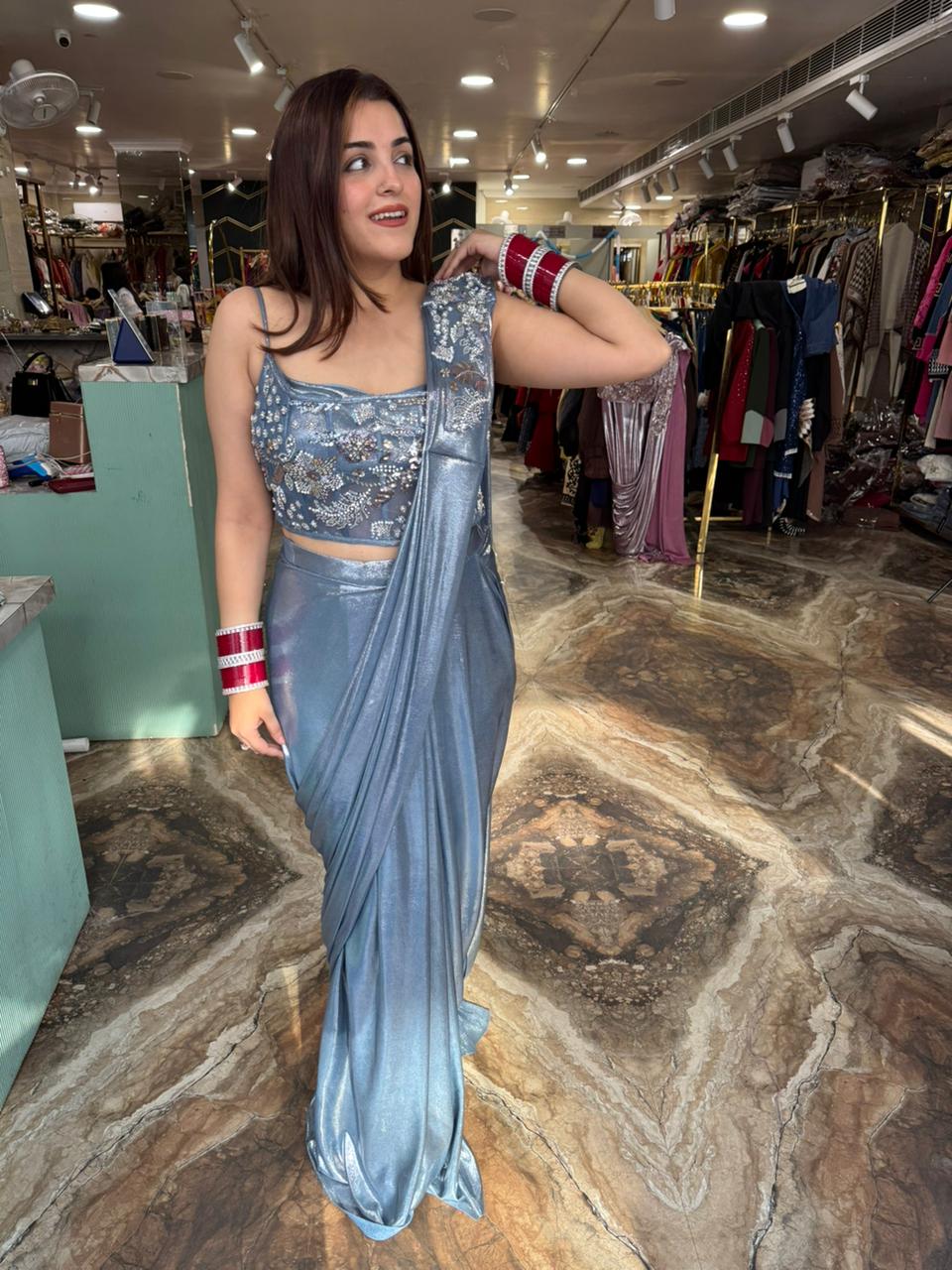 Ice Blue Foil Festive Saree