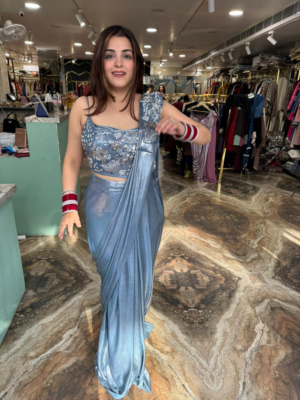 Ice Blue Foil Festive Saree