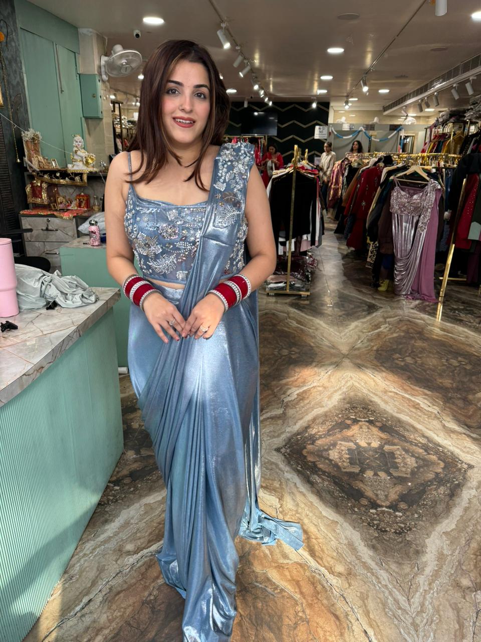 Ice Blue Foil Festive Saree