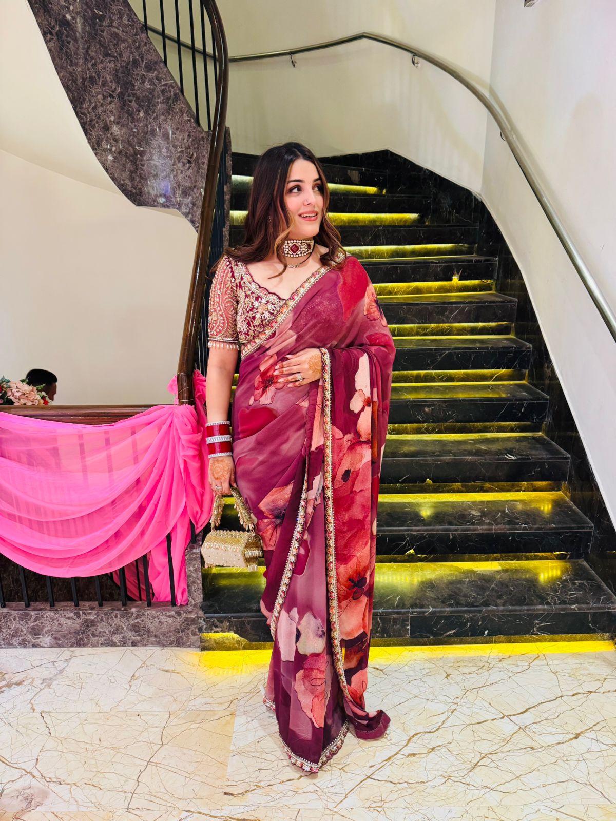 Printed saree with stitched blouse