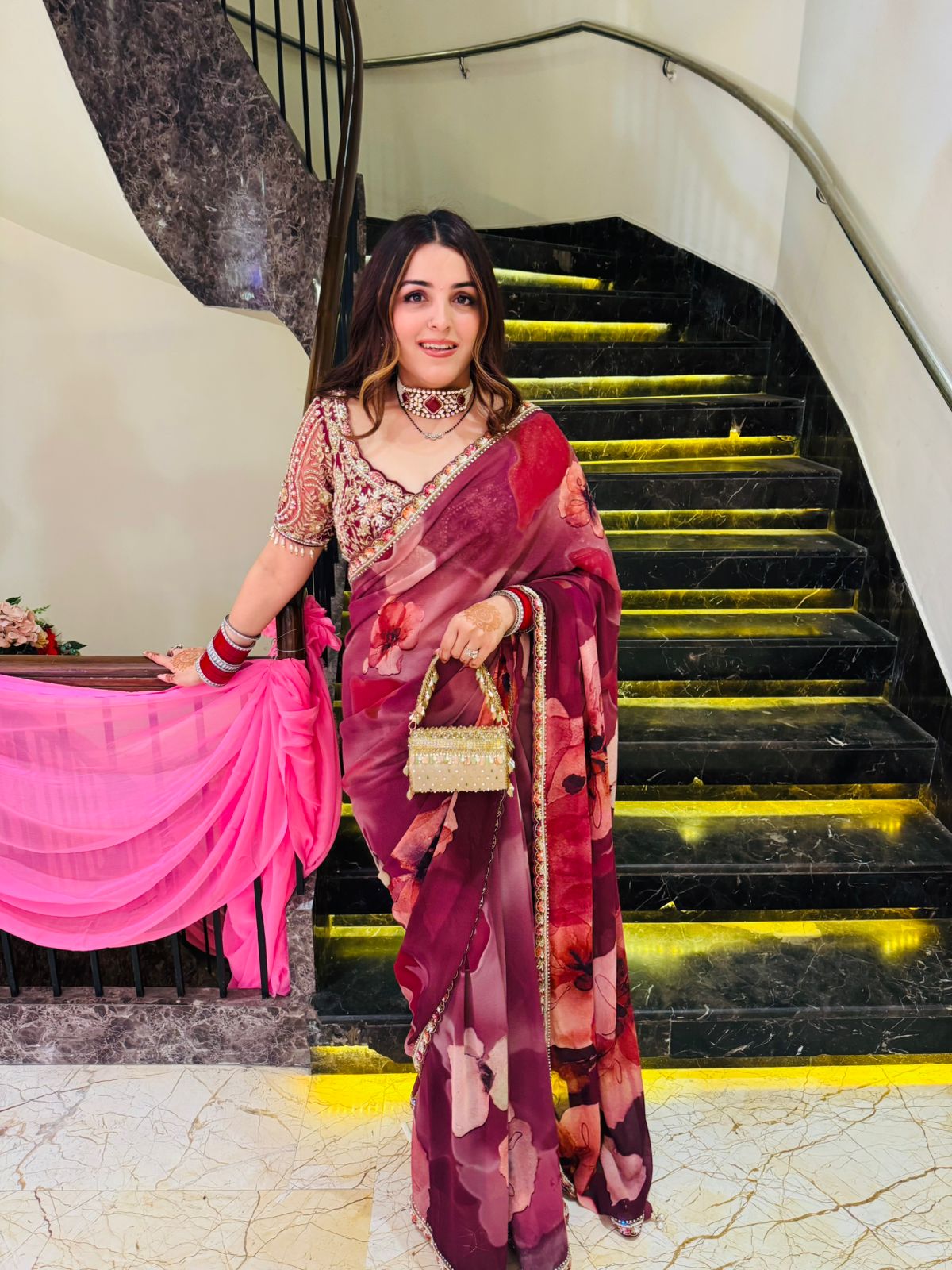 Printed saree with stitched blouse