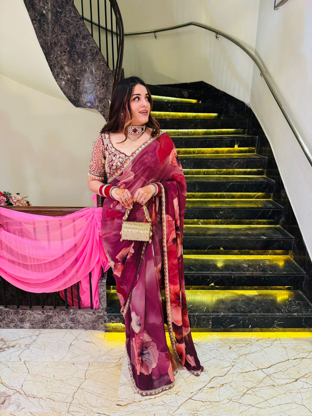 Printed saree with stitched blouse