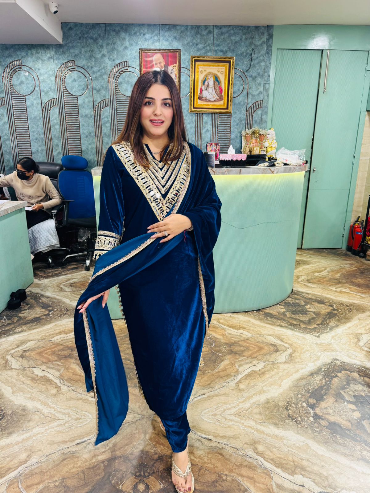 Velvet Embroidered Kurta Set with Dupatta