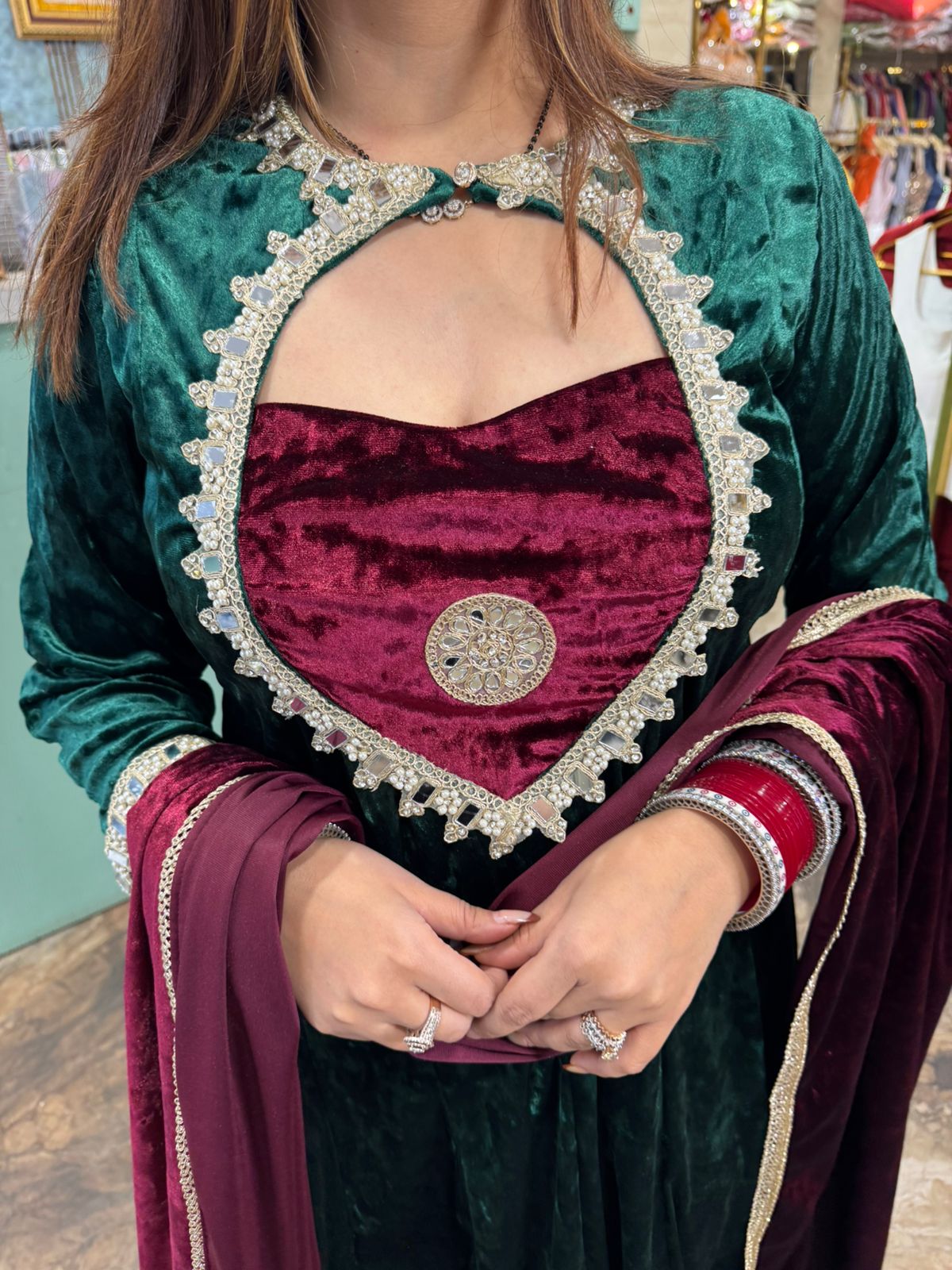 Emerald anarkali with contrast Dupatta