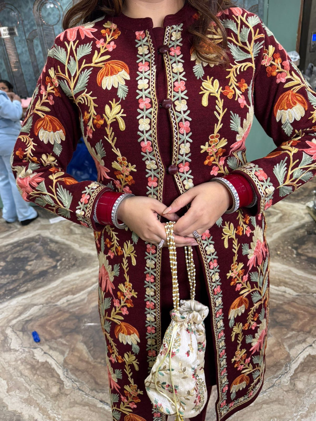 Kashmiri Noor Hand-Embroidered Long Shrug Kurti Set