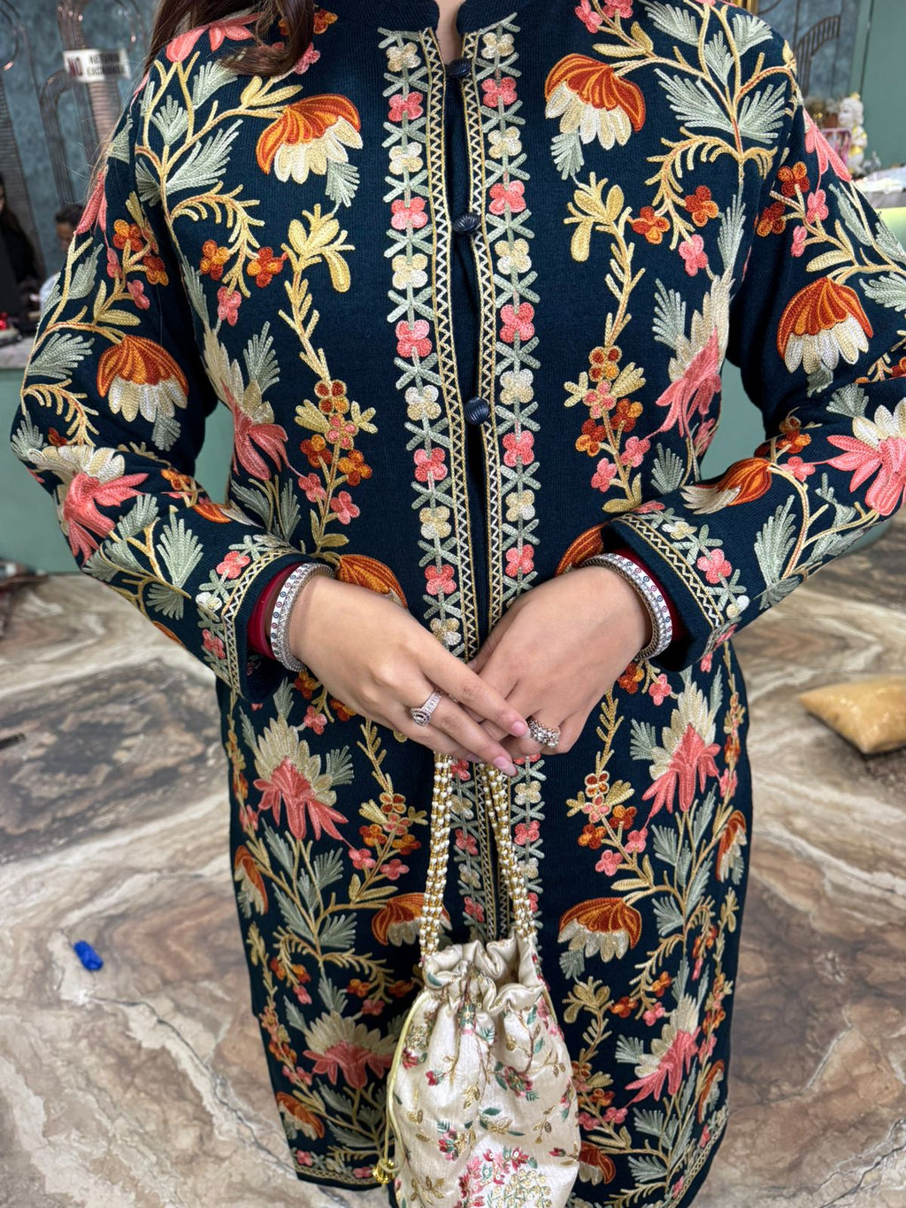 Kashmiri Noor Hand-Embroidered Long Shrug Kurti Set