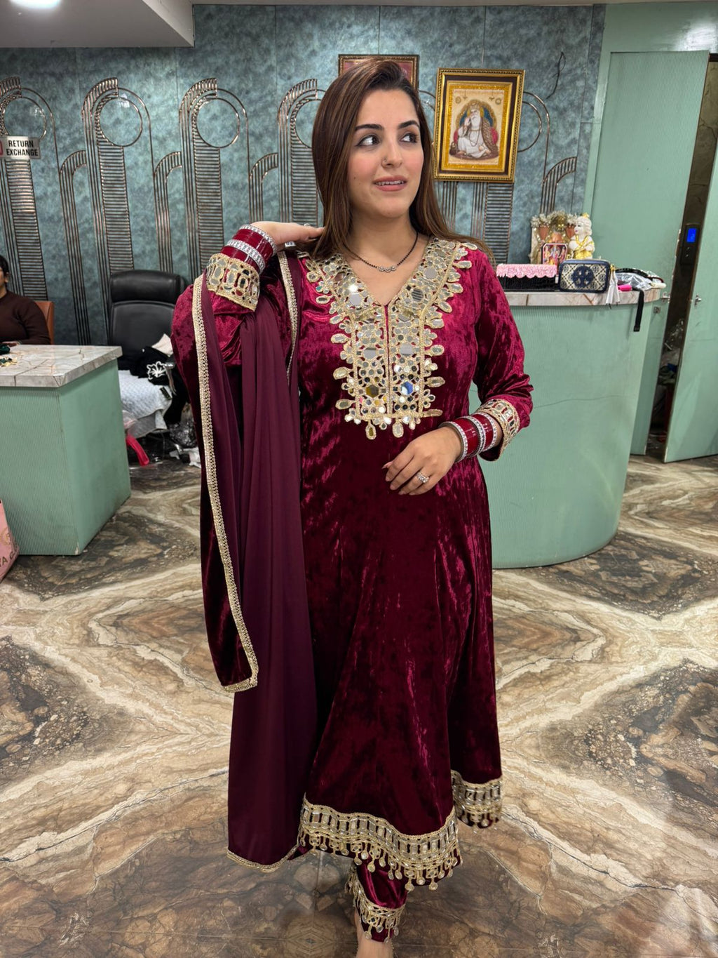 Neha Velvet Mirror-Work anarkali Set