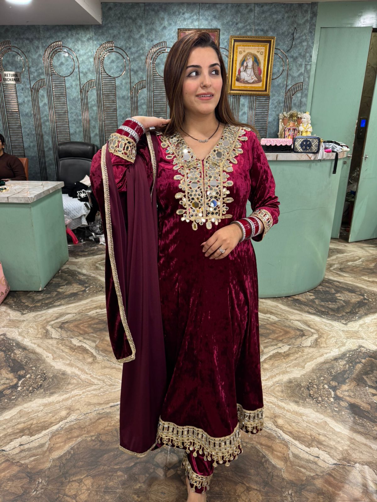 Neha Velvet Mirror-Work anarkali Set