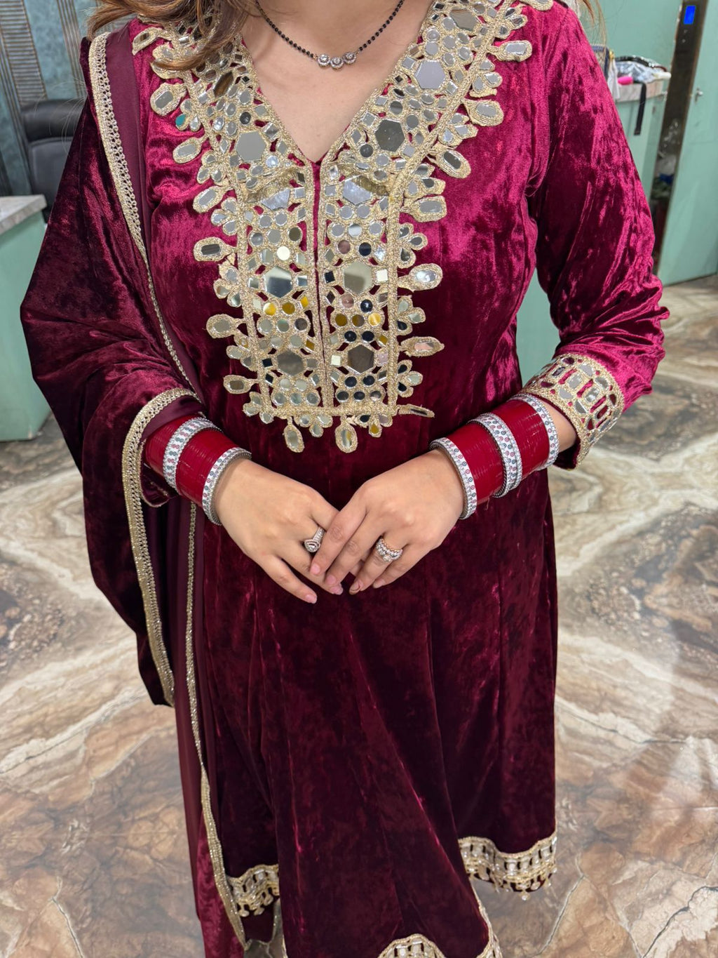 Neha Velvet Mirror-Work anarkali Set