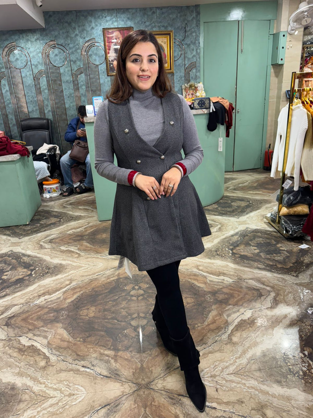 Grey Elegance Winter Pinafore Dress Set