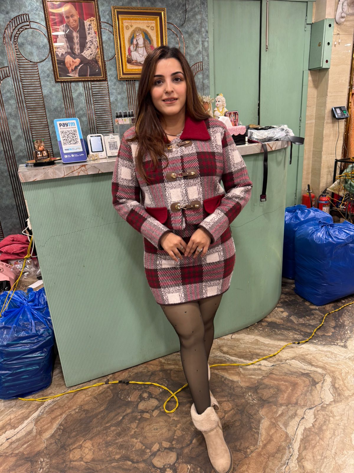 Mia Checkered Winter Jacket skirt Set