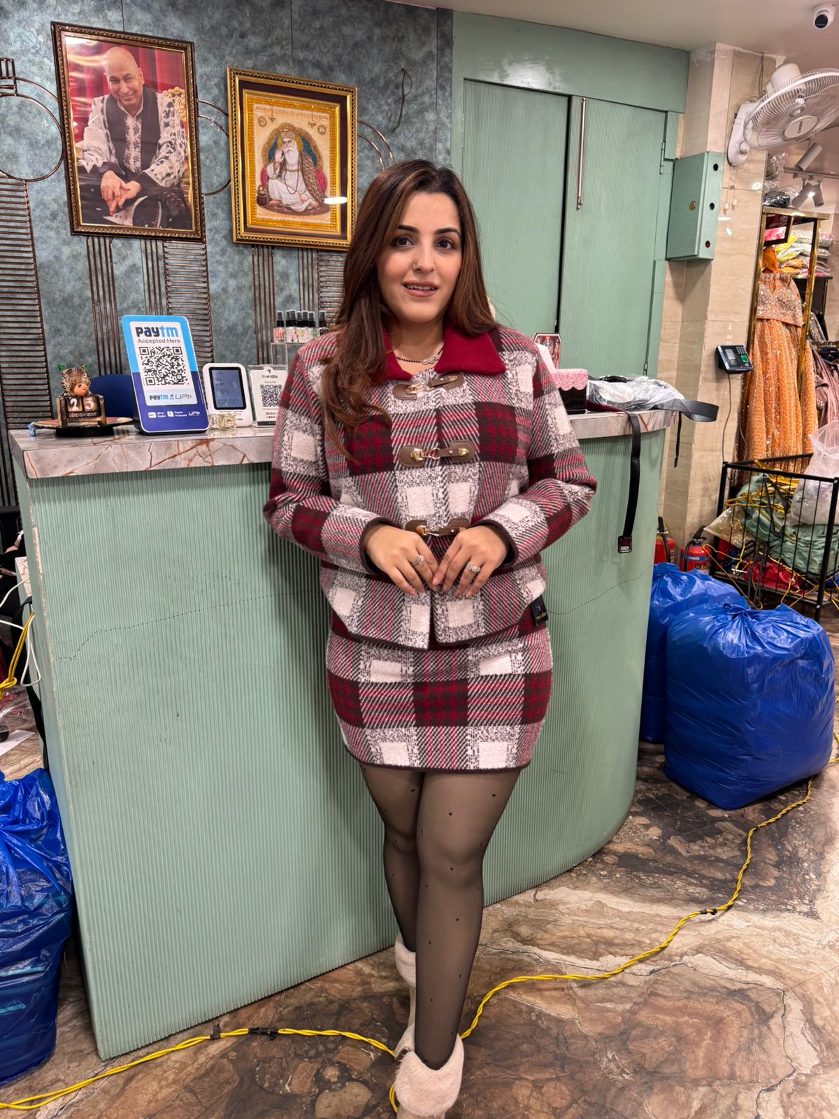 Mia Checkered Winter Jacket skirt Set