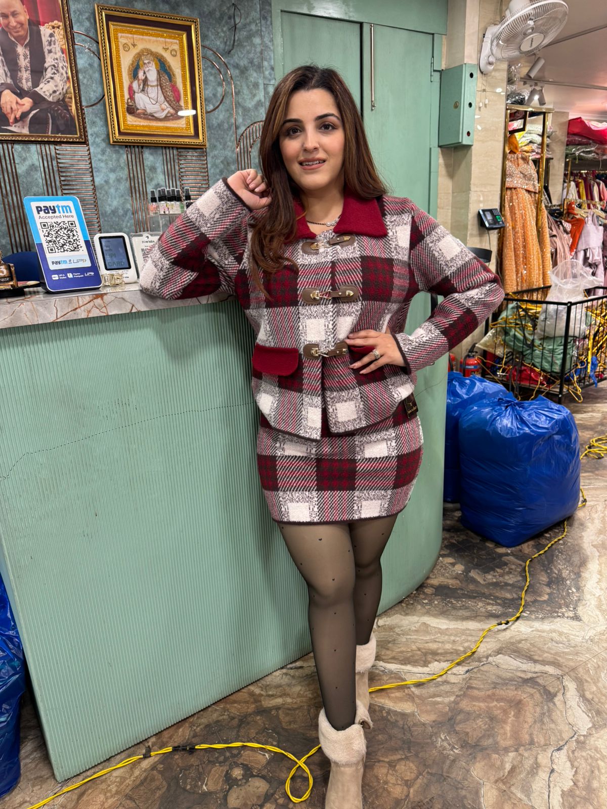 Mia Checkered Winter Jacket skirt Set