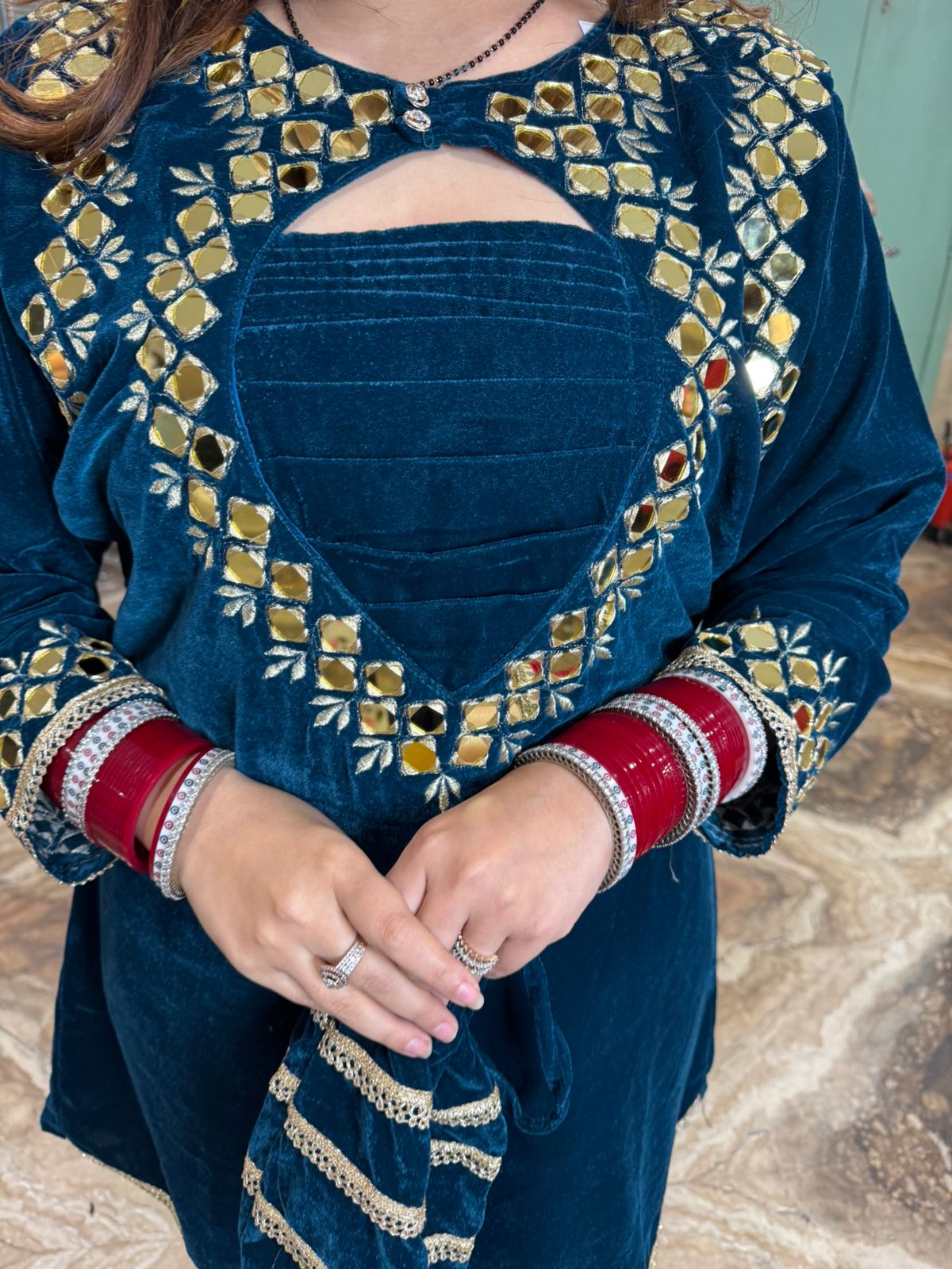 Niya Velvet Mirror-Work Kurti Set