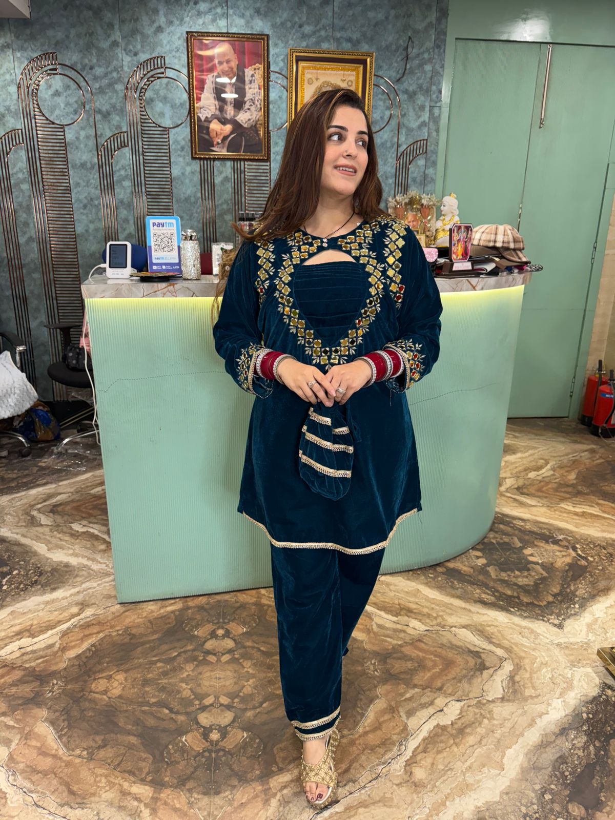 Niya Velvet Mirror-Work Kurti Set