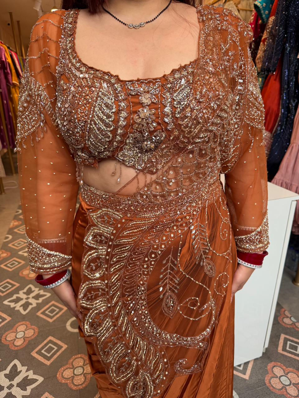 Amber Hand-Embroidered Designer Saree with Sheer Blouse