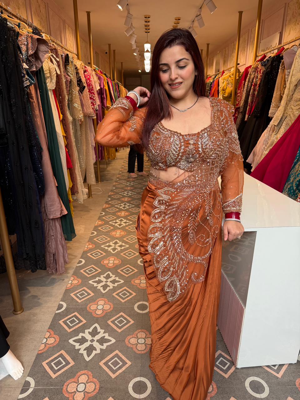 Amber Hand-Embroidered Designer Saree with Sheer Blouse