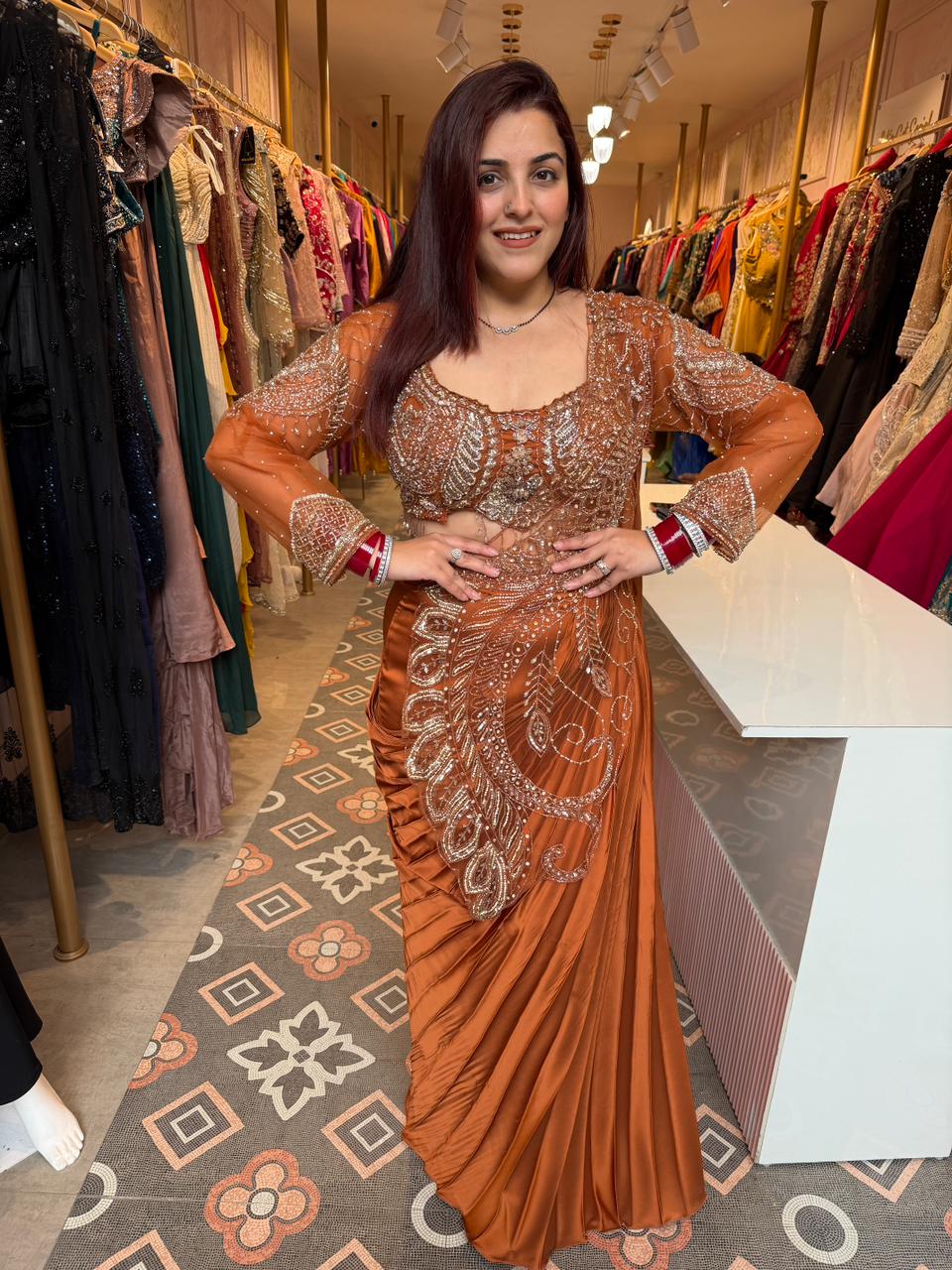 Amber Hand-Embroidered Designer Saree with Sheer Blouse