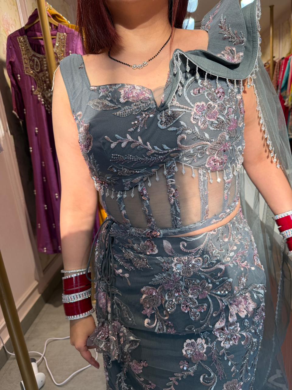 Elsa Floral Embroidered Designer Saree with Ruffle Blouse