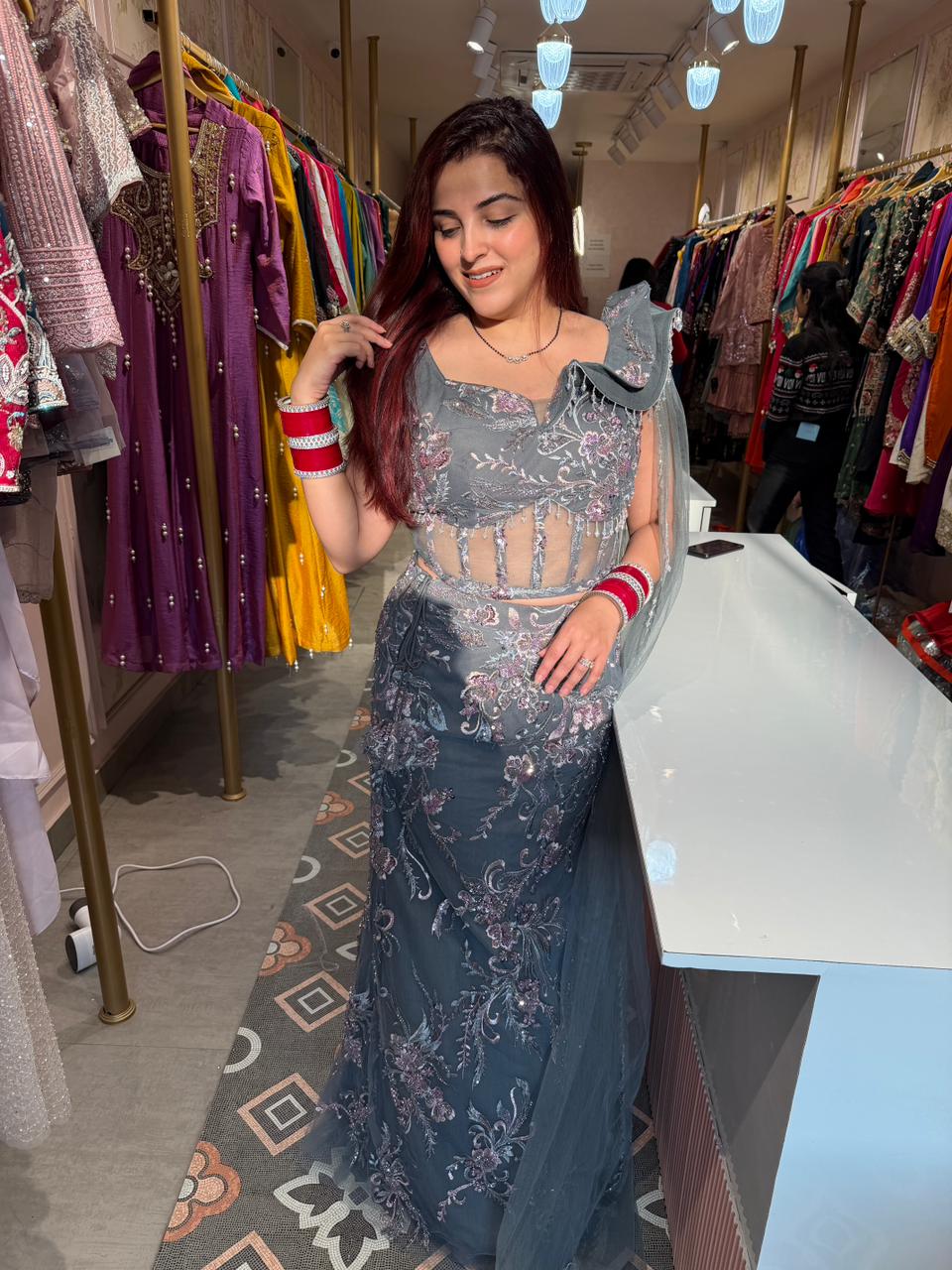 Elsa Floral Embroidered Designer Saree with Ruffle Blouse